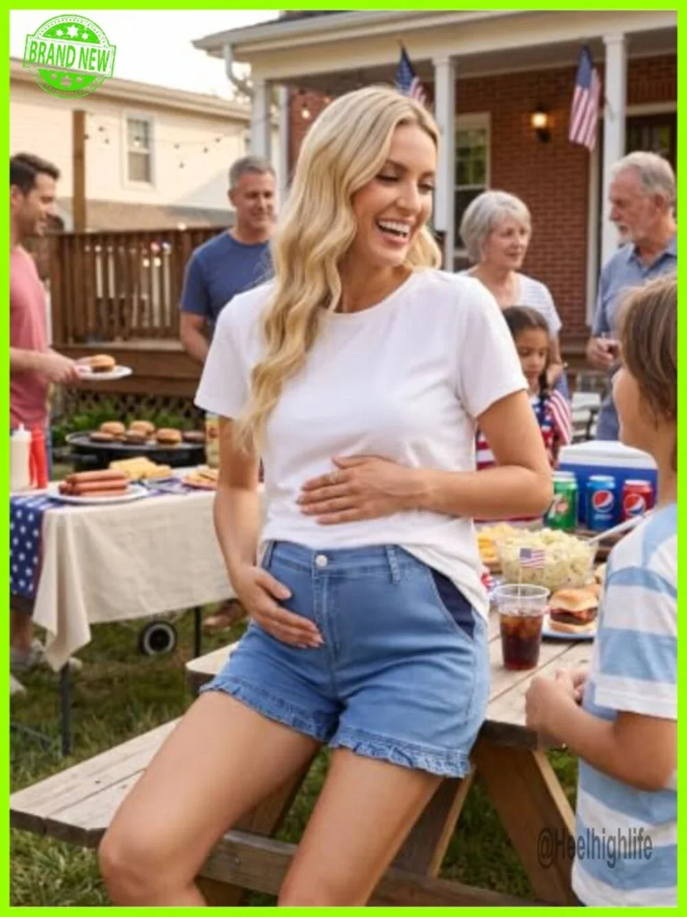 Maternity High Rise Denim Shorts Ruffle Hem Over-Belly Cotton Blend